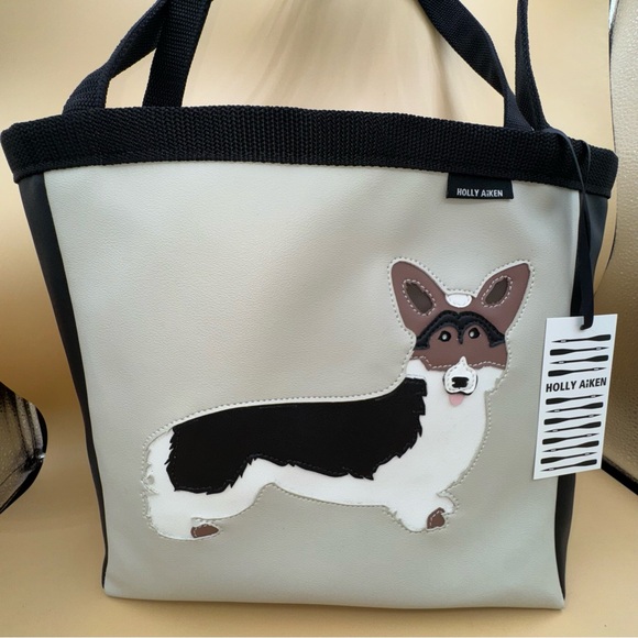 NWT Holly Aiken Gray and Black Corgi Tote Bag, Faux Leather - Picture 2 of 11